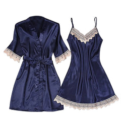 Cyflymder 2-Piece Women Sexy Garter Lingerie Set Robes Lace Splicing Deep V-Neck Nightgown Elegant Fashion Solid Color Retro House Cloth