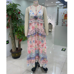 Cyflymder Women s Floral Halter Dress Stylish Print Multi-Layered Ruffles Backless V Neck A Line Long Dress for Summer