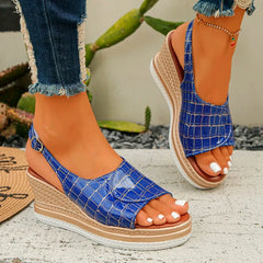 Cyflymder Summer New Buckle Slope Heel Women's Sandals Summer Checkered Pattern Thick Bottom Non slip Beach Shoes