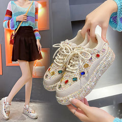Cyflymder NEW Women Skate Shoes Platform Mid-heel Casual Sneakers Lace-up All-match Beaded Women Tennis Rhinestone Fashionable Women Shoes