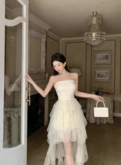 Cyflymder Women Dresses Sexy Irregular Mesh Patchwork Strapless Slim Ruffles Patchwork Backless Sweet Elegant Dress Party Female