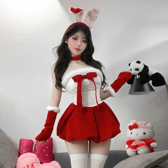 Cyflymder Christmas Outfit For Women Sexy New Year Halloween Holiday Dresses Bunny Cosplay Velvet Red Dress Santa Party Performance Dance