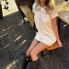 Cyflymder Women Y2k Fairy Babydoll Short Dress Doll Collar Bubble Puff Sleeve Cute Mini Dress Teen Girl Preppy Sundress Beachwear