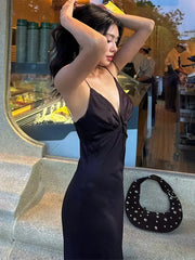 Cyflymder Deep V Pleat Slip Long Dress Women Sexy Sleeveless Backless Waist Cinching Hip Package Dragging Party Dresses Chic Ladies Robes