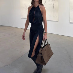 Cyflymder Summer Elegant Halter Hollow Out Midi Dress Sexy Sleeveless Hight Waist Solid Party Dress Women Fashion Draped Split Beach Dress