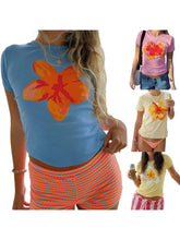 Cyflymder Women s Summer Casual T-Shirt with Vintage Floral Print and Round Neckline Short Sleeve Top for Streetwear Aesthetic and