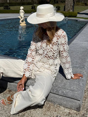 Cyflymder Women Floral Crochet Lace Blouse Long Bell Sleeve Sheer Loose Fit Hollow Out Top Spring Casual Fashion Boho Beach Outfit