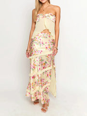 Cyflymder Women Floral Outfit Off Shoulder Split Front Tube Tops High Rise Long Skirt 2 Pcs Set for Party Club