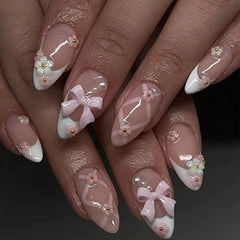 Cyflymder 24Pcs 3D Bow Strawberry False Nails Art Mid-length Almond Full Cover Nails Tips Pink Smudge Pearl Detachable Press on Fake Nails