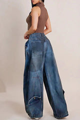 Cyflymder Women Loose Denim Jeans Pants Washed Casual Harajuku High Street Grunge Denim Asymmetric Button Pocket Trouders Jeans for Women