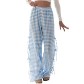 Cyflymder High Waist Plaid Printed Striped Side Slit Fashionable Casual High Street Trousers For Ladies Versatile Straight Lounge Trousers
