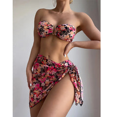 Cyflymder Printing Split Bikini Set Women Swimsuit Metal U-shaped Decoration Bandage G-string Bikini Cover Ups Sexy 3 Piece Sets Beachwear