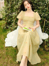 Cyflymder Puff Sleeve Dresses Women Vintage Sweet Girls Retro Simple Print Fashion Preppy Popular Teens Basic Elegant High Waist Harajuku