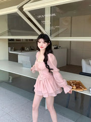 Cyflymder Autumn Fashion Slim Square Neck Dress Women Sweet Cute Puff Sleeve Short Dress Female Pretty Fairy Solid Bandage Ruffle Dresses