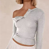 Cyflymder Solid Color Long Sleeve Basic T-Shirts Women Buttons Oblique Shoulder Casual Shirts Fall Slim Fit Crop Tops Streetwear