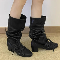 Cyflymder Designer Thick Heel Women Knee High Boots Fashion Ladies Lace Up Knight Long Booties botas de inverno feminina