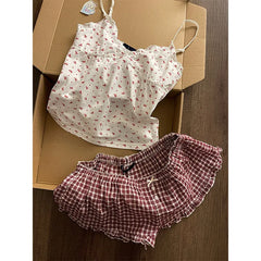 Cyflymder Ballet Floral Small Suspenders Pajamas Women's Summer New Plaid Shorts Loungewear Suit