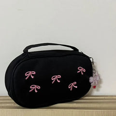 Cyflymder 1 Pc Sweet Black Pink Color Pencil Case for Kids Girl Korean Fashion Embroidery Bow Stationery Organizer Large Capacity Pen Bag