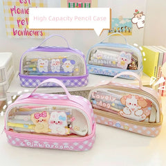 Cyflymder Cute Transparent Pencil Case Kawaii Bunny Bear Pencil Pouch 2- Layer High Capacity Waterproof Protable Stationery Storage Bag