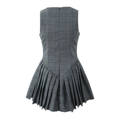 Cyflymder Sexy O neck Gray Plaid Print Sleeveless Mini Dress Low Waist Spliced Folded Pleated Swing Women Tank Dresses Short Robe