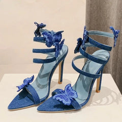 Cyflymder Sexy Denim Butterfly-knot High Heels Women Sandals Hollow Out Ankle Strappy Shoes Summer Pointed Toe Zapatos Mujer
