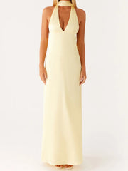 Cyflymder Elegant Maxi Dress with Boho Floral Print and Halter Neckline Sexy Backless V-Neck Sleeveless Dress for Summer Beach Party