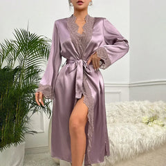 Cyflymder New Long Bathrobe Sexy Lace Light Luxury Long Sleeve Velvet Robe Bathrobe Bathrobe Home Wear