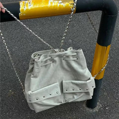 Cyflymder Harajuku Solid Color Chain Backpack Women Drawstring Studded Leather Large Capacity Backpack Ladies Fashion Y2k Mochilas Mujer