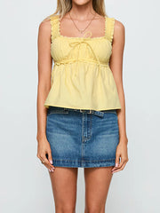 Cyflymder Women s Sleeveless Ruffle Trimmed Babydoll Tank Top with Bow Detail and Loose Hem - Chic Solid Camisole for Summer Style