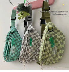 Cyflymder Korean Retro Chessboard Chest Bag Women's Japanese Versatile Leisure Large Capacity Messenger Bag Men's Sports Waist Bag Fashion