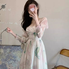 Cyflymder Dresses Women Floral Printed Square Collar Puff Long Sleeve French Style Chic Temperament Elegant Dress Female Fashion