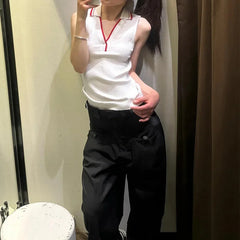 Cyflymder French American Retro Knitted Sleeveless Neck Hanging Vest Women Summer New Color Collision Outerwear Top Polyester Blend