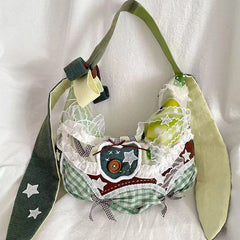 Cyflymder Harajuku Y2k Aesthetic Ins Underarm Bag Women Contrast Color Plaid Rabbit Ear Canvas Bag Grunge Patchwork Lace Shoulder Handbags