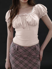 Cyflymder Sweet Solid Cropped T Shirt Casual Slim Folds Square Collar Puff Sleeve Tees Women Summer Fashion Streetwear Laides