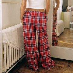 Cyflymder Women Plaid Lounge Pants Fashionable Casual Loose Fit Drawstring Waist Wide Leg Pants Preppy Vintage Trousers