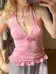 Cyflymder Sweet Slim Bow Folds Halter Tops Solid Ruffles Deep V-Neck Sleeveless Tank Tops Women 2025 Summer Fashion Streetwear