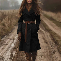 Cyflymder Vintage Solid Long Trench Coat Woman Elegant Double Breasted Lapel Top Cardigan Autumn Winter Long Sleeve Pocket Outerwear Coats