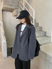 Cyflymder Harajuku Grey Blazer Coat Women Korean Loose Single Buttons Jacket Preppy Style Casual Long Sleeve Lady Simple Spring Coat