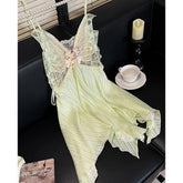 Cyflymder Green Butterfly Sling Top&shorts 2Pcs Pajamas Set Lady Fairy Princess Style Home Clothes Lace Trim Lingerie Summer Loungewear