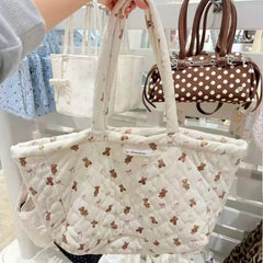 Cyflymder Sweet Cute Bear Bow Tote Bag Women White Diamond Quilting Large Capacity Shoulder Bag Ladies Daily Casual Versatile Shopping Bag