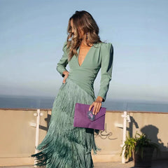 Cyflymder Women Elegant Tassel Splicing Evening Dress Solid Ruched V Neck Long Sleeve French Slim Female Cocktail Party Chic Maxi Dresses
