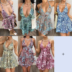 Cyflymder Swimwear Women's Deep V Neck Halter Neck Backless Design Pareo Tiered Ruffle Skirt Beach Dress Lightweight Fabric Chic