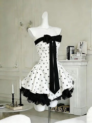 Cyflymder Elegant Temperament Bow Tube Top Dress New Waist Polka Dot Skirt