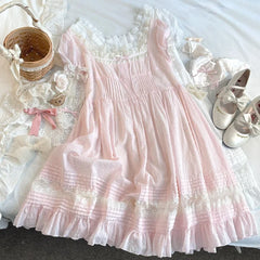 Cyflymder Women Japanese Kawaii Cute Lace Dress Square Neck Sweet Elegant Lolita Mini Fairy Dresses Korean Summer Party Princess Dress