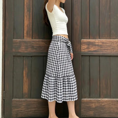 Cyflymder Spring Summer Literary Loose A-line Skirts Y2k Fashion Constrast Color Plaid Bow Design Mie-length Jupe Harajuku Preppy Skirt
