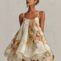 Cyflymder New Arrival: Floral Print Oversized Cami Dress - French Style Lace Trim Asymmetrical Vacation Dress