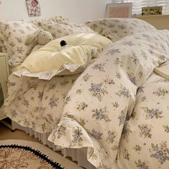 Cyflymder 3/4Pcs Vintage French Fresh Floral Lace Ruffles 100% Cotton Bedding Set Duvet Cover Bed Skirt/Bed Sheet/Fitted Sheet Pillowcases