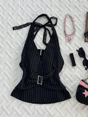 Cyflymder Sexy Black Strap Stripe Top Unique Design Retro Style Cotton Vest for Young Women Trendy Casual Wear Spring Season Chinese Brand