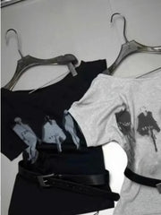 Cyflymder Summer Lazy Streetwears Skewn Collar Short Sleeve T Shirts Y2k Aesthetic Vintage Personality Women Clothes Punk with Belt Tops