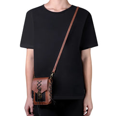 Cyflymder Female Steampunk Shoulder Bags, Retro Mini Square Braided Rope Crossbody Bag, Brown Leather Metal Lock Daily Casual Handbags